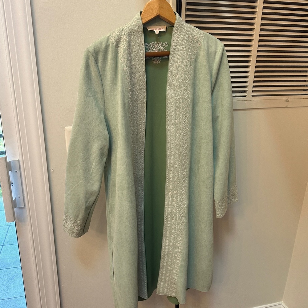 New Solitaire Light Green Embroidered Boho Faux Suede Long Coat - Picture 6 of 9